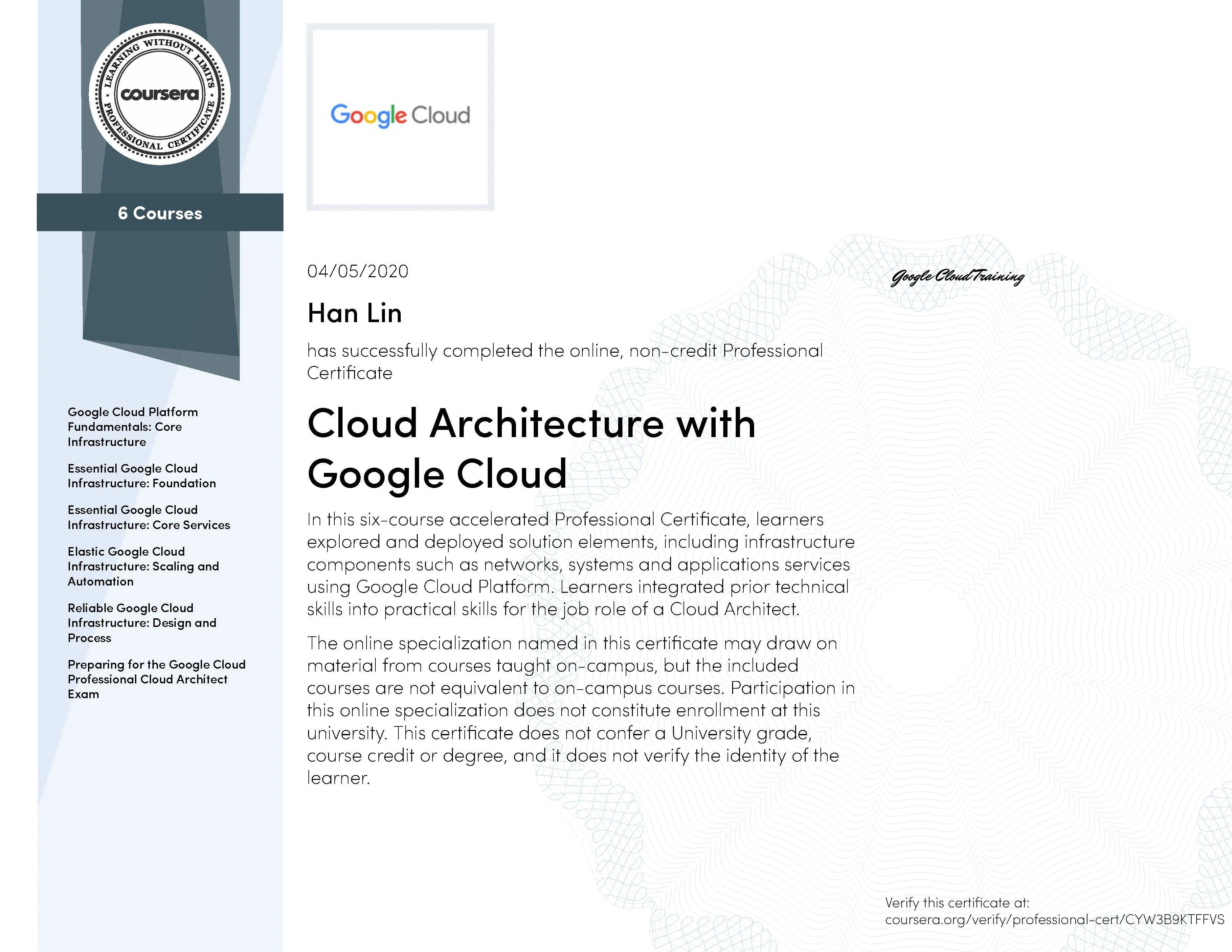 Coursera Cloud Architecture Professional Certificate 2020 Certificate