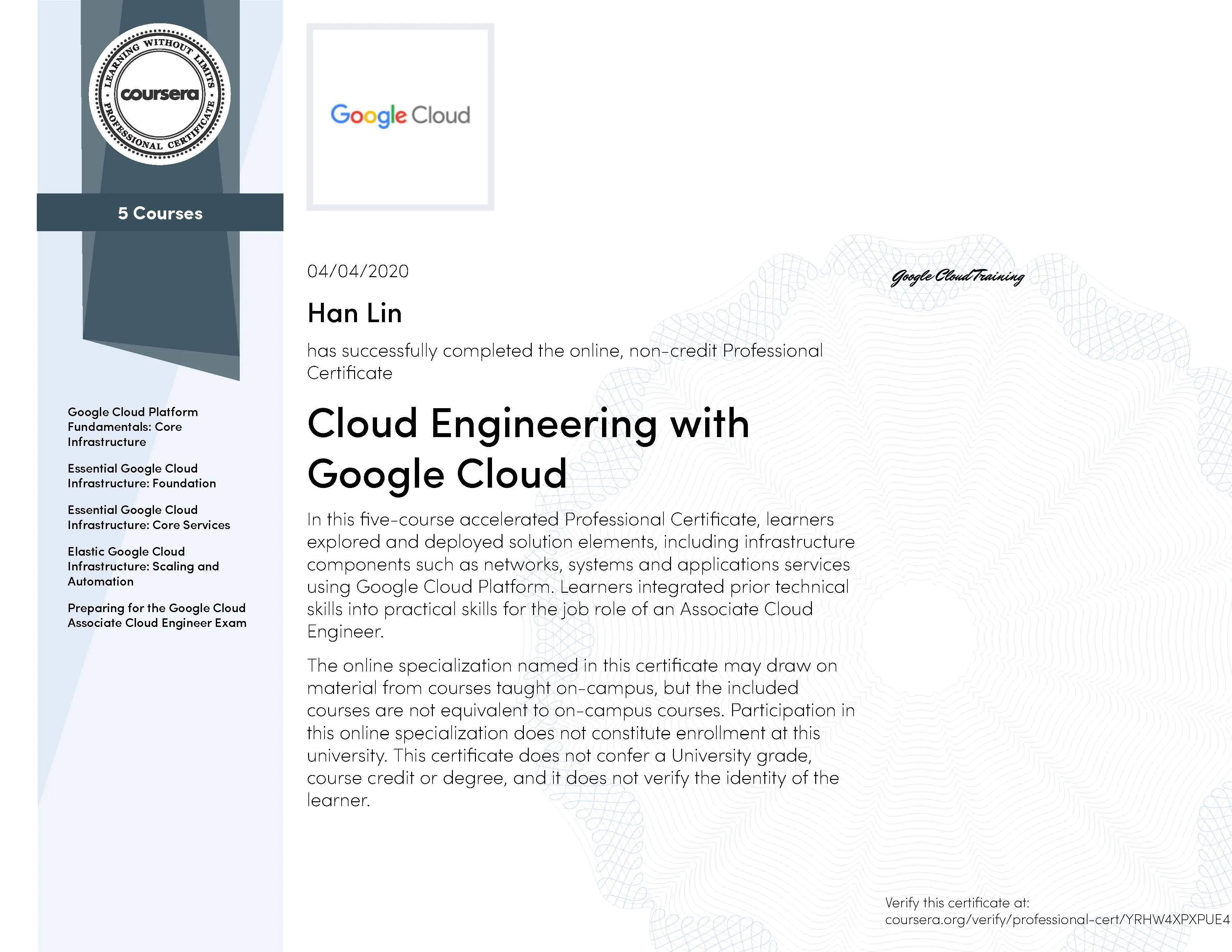 Coursera Cloud Engineering Professional Certificate 2020 Certificate