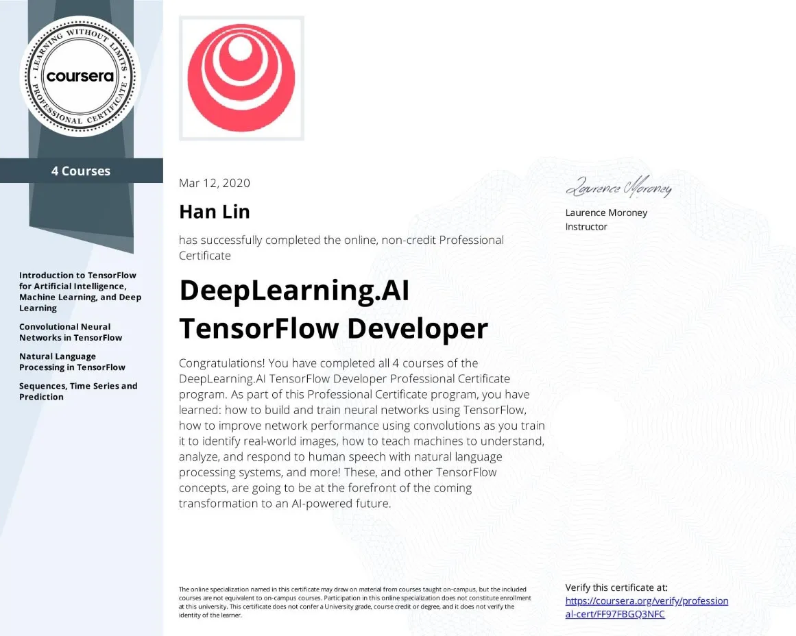 DeepLearning.AI TensorFlow Specialization 2020 Certificate