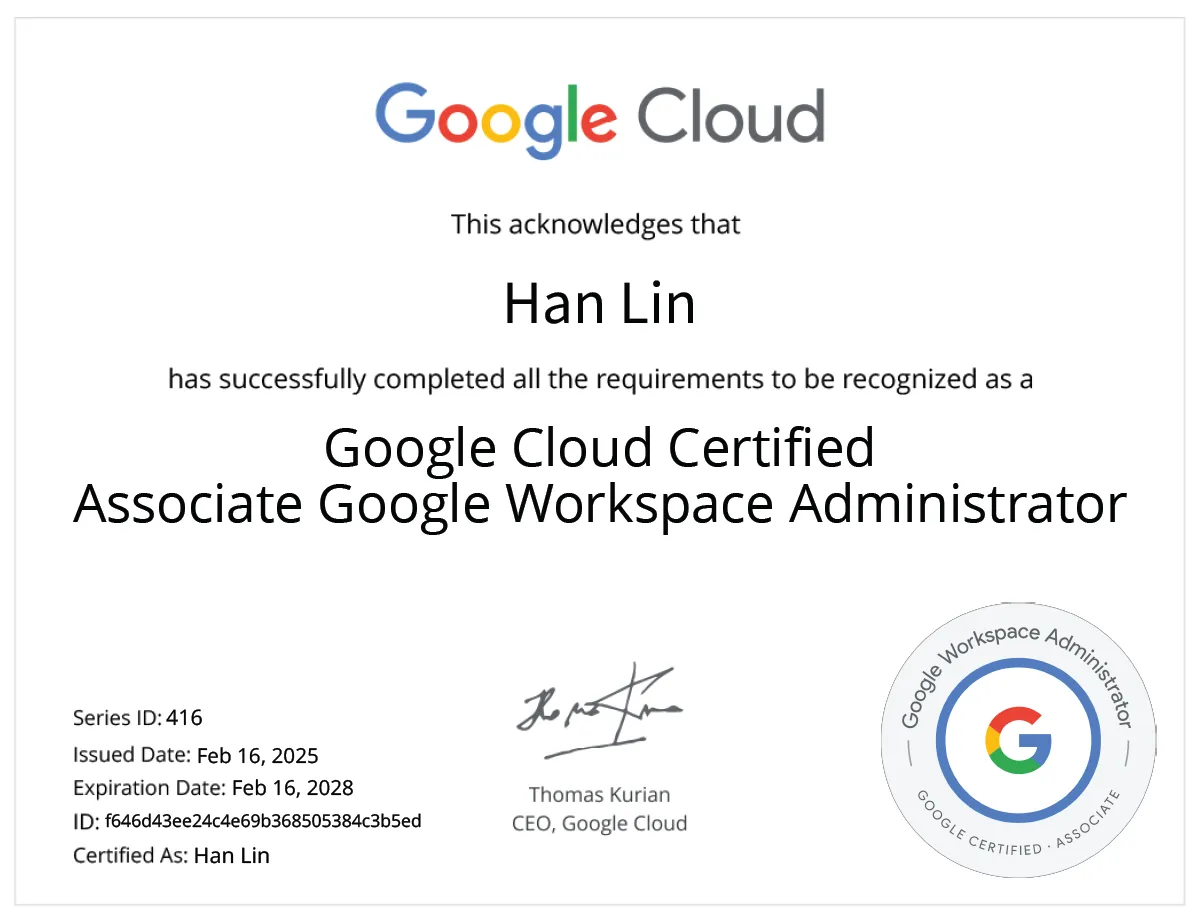 Google Certified Associate Google Workspace Administrator Certificate