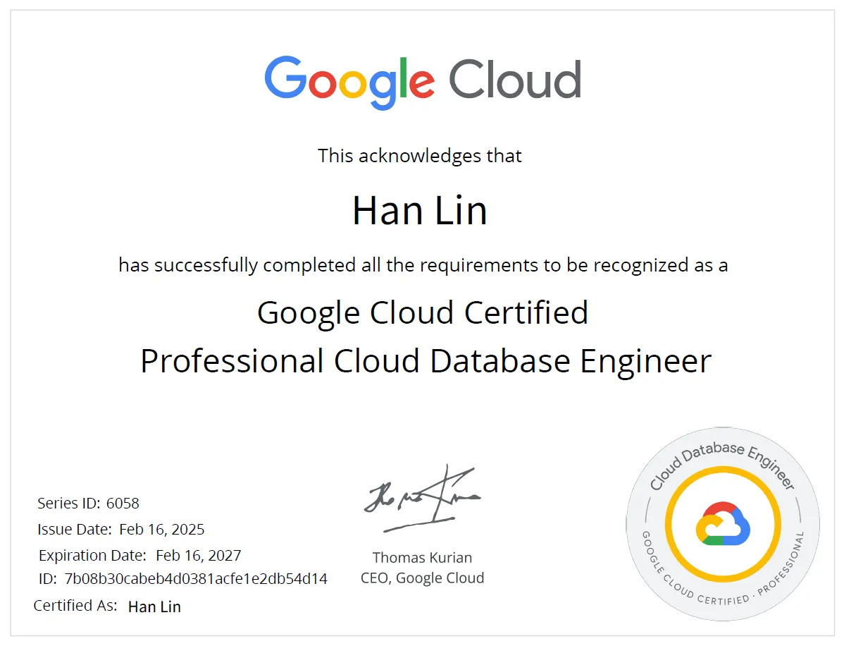 Google Certified Professional Cloud Database Engineer Certificate