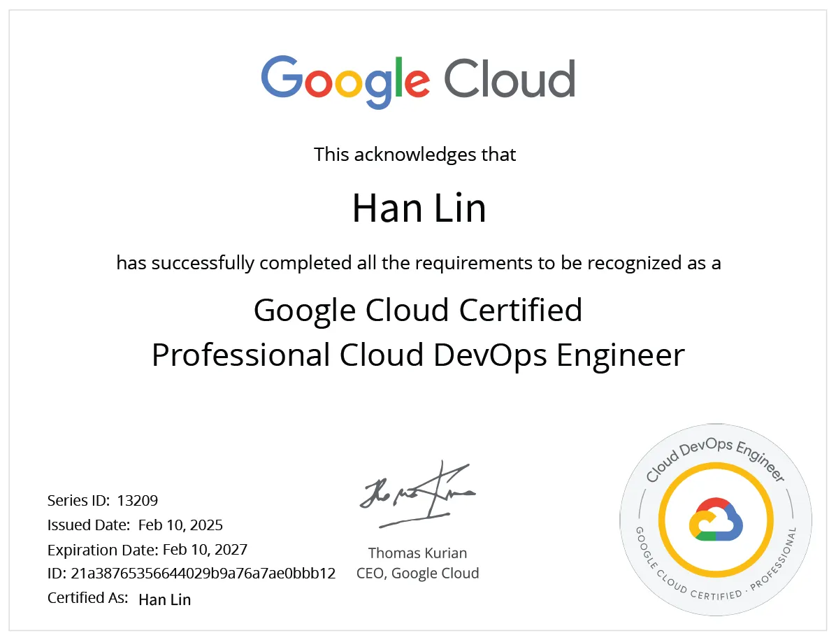 Google Certified Professional Cloud DevOps Engineer Certificate