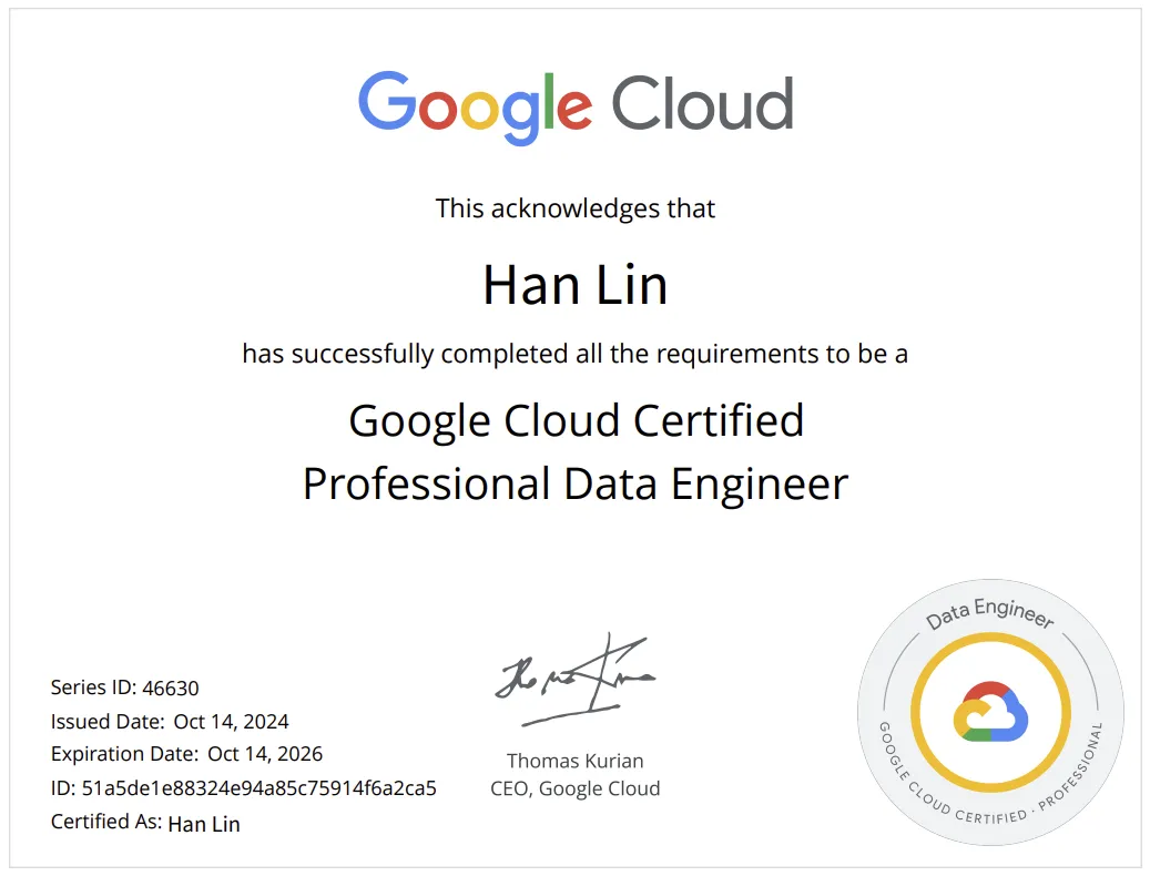 Google Certified Professional Data Engineer Certificate