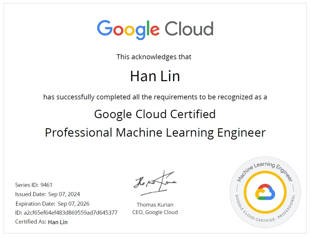 Google Certified Professional Machine Learning Engineer Certificate
