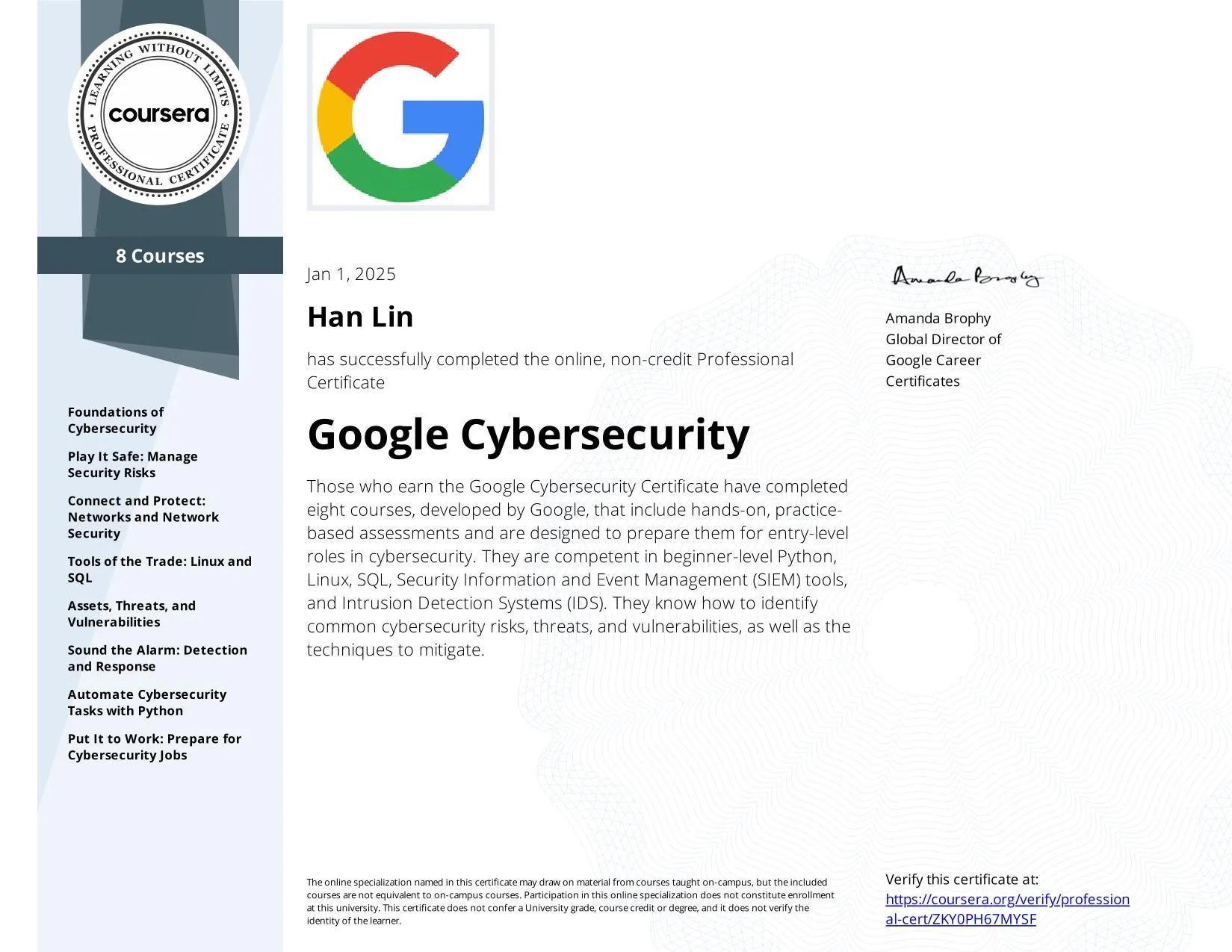 Google Cybersecurity Professional Certificate