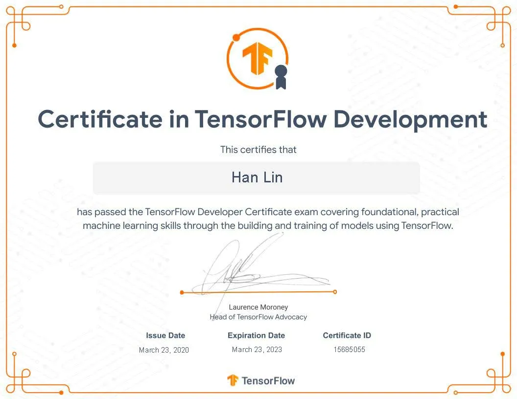 Google TensorFlow Developer 2020 Certificate