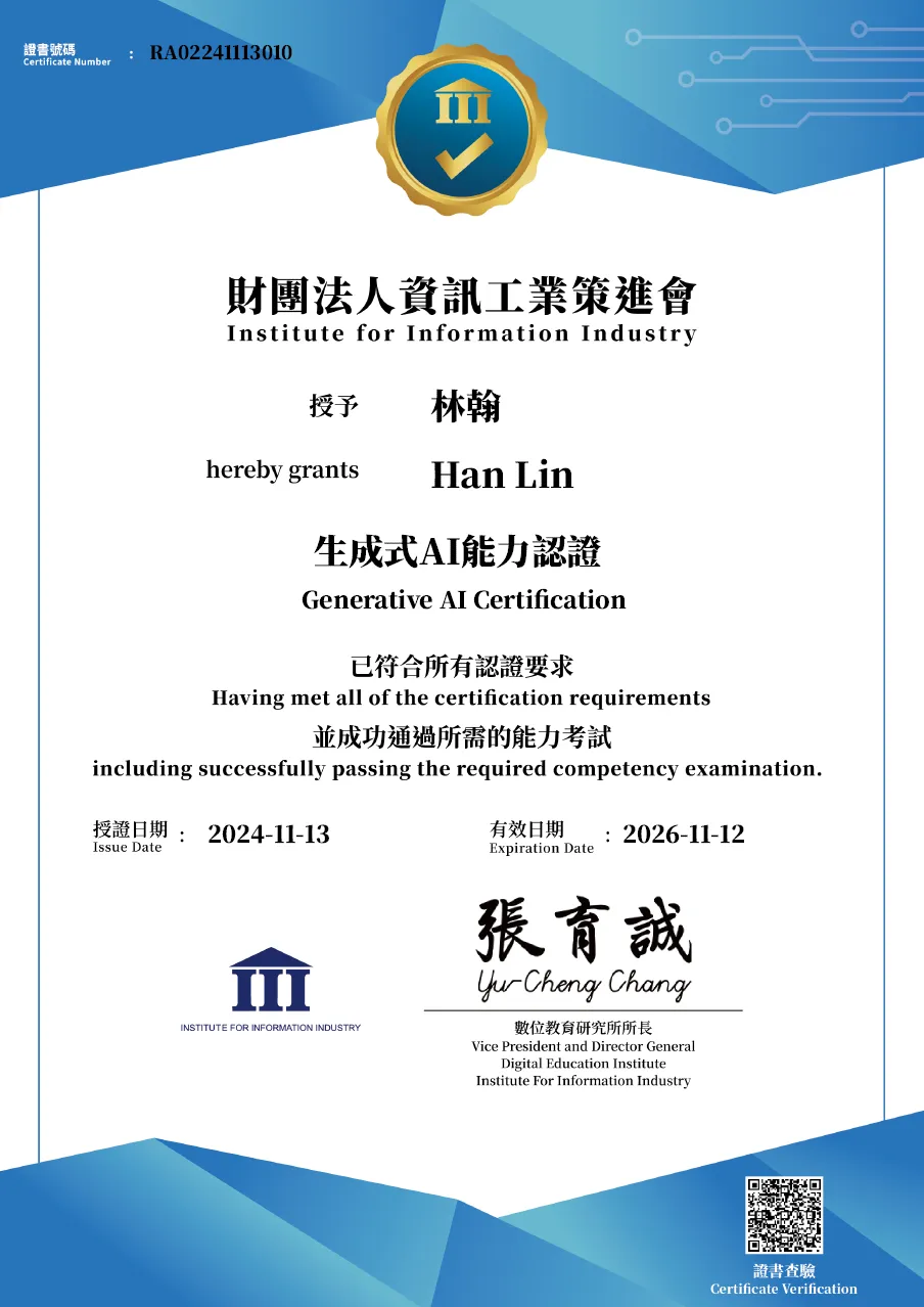 Institute for Information Industry Generative AI Certification Certificate