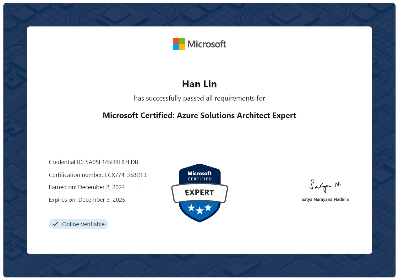 Microsoft Certified Azure Solutions Architect Expert AZ-305 Certificate