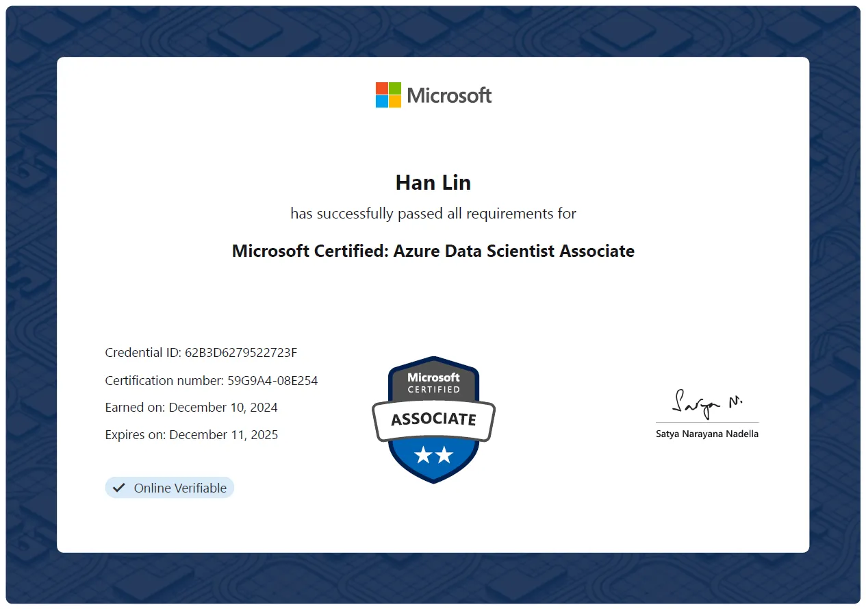 Microsoft Certified Azure Data Scientist Associate DP-100 Certificate