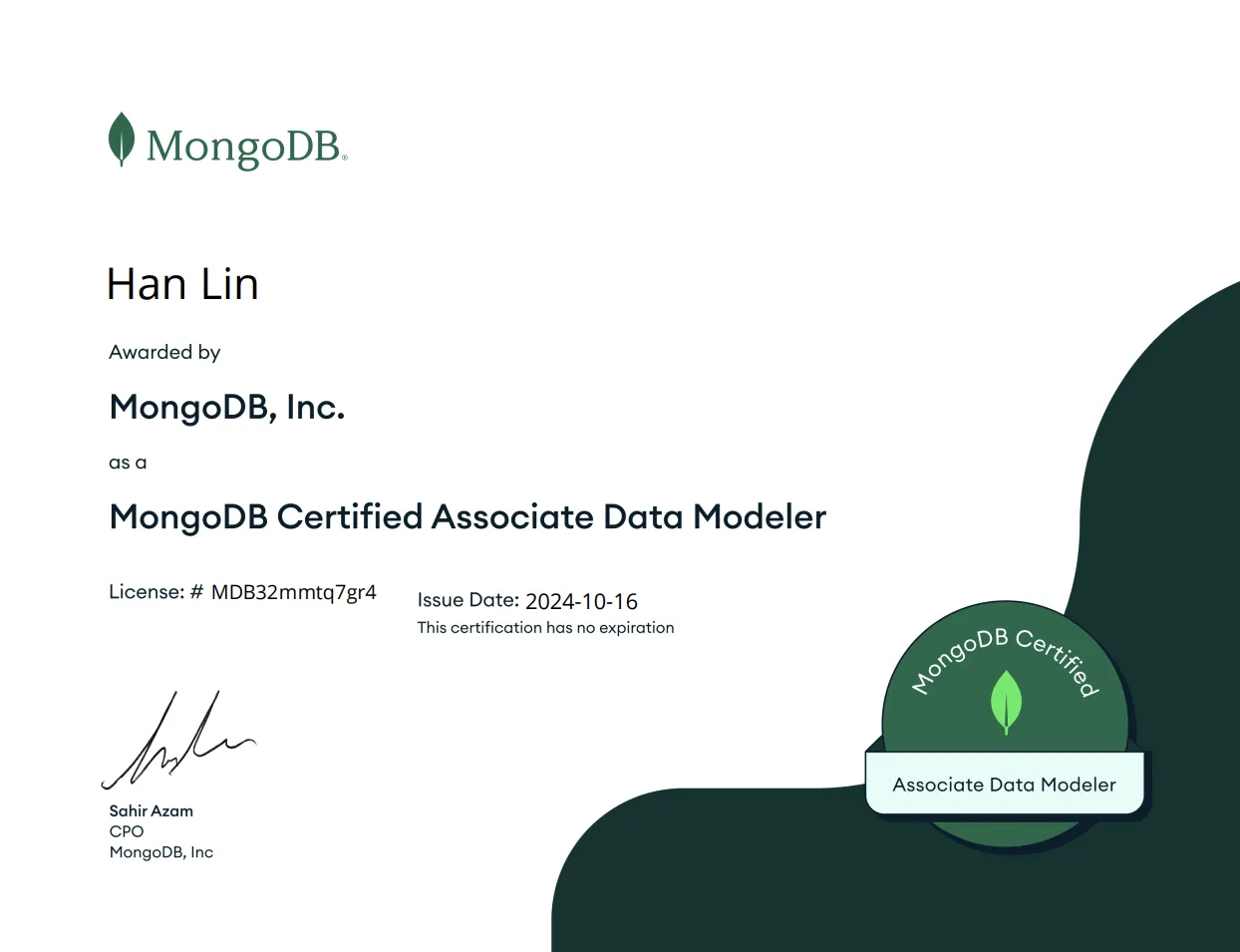 MongoDB Certified Associate Data Modeler Certificate