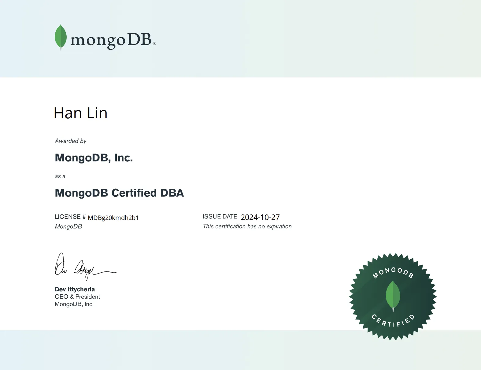 MongoDB Certified Associate Database Administrator Certificate