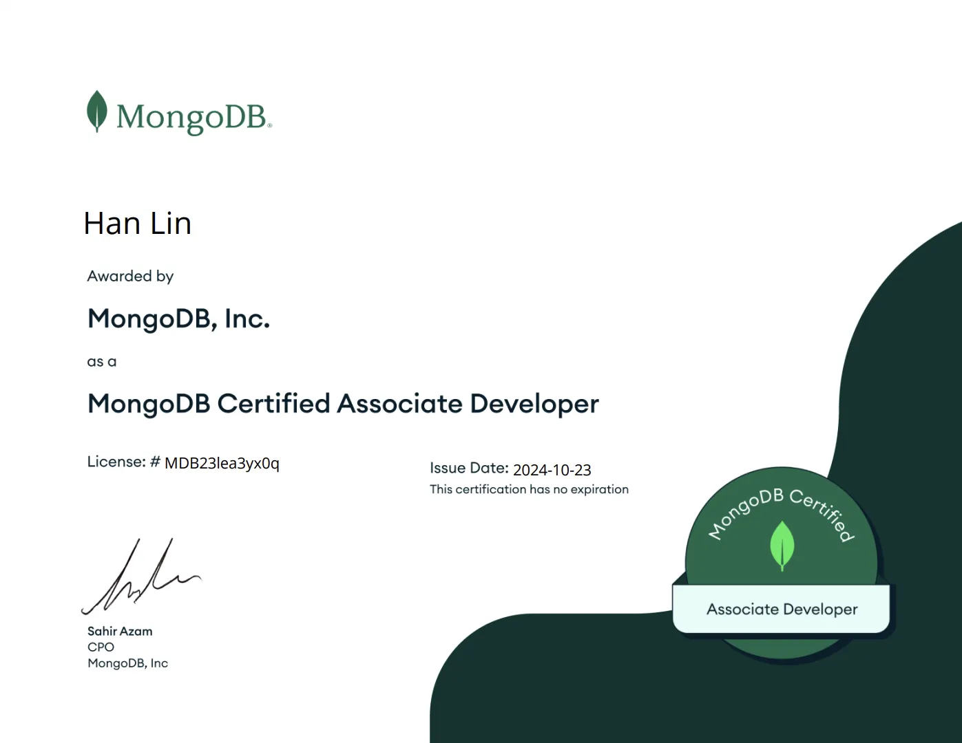 MongoDB Certified Associate Developer Node.js Certificate