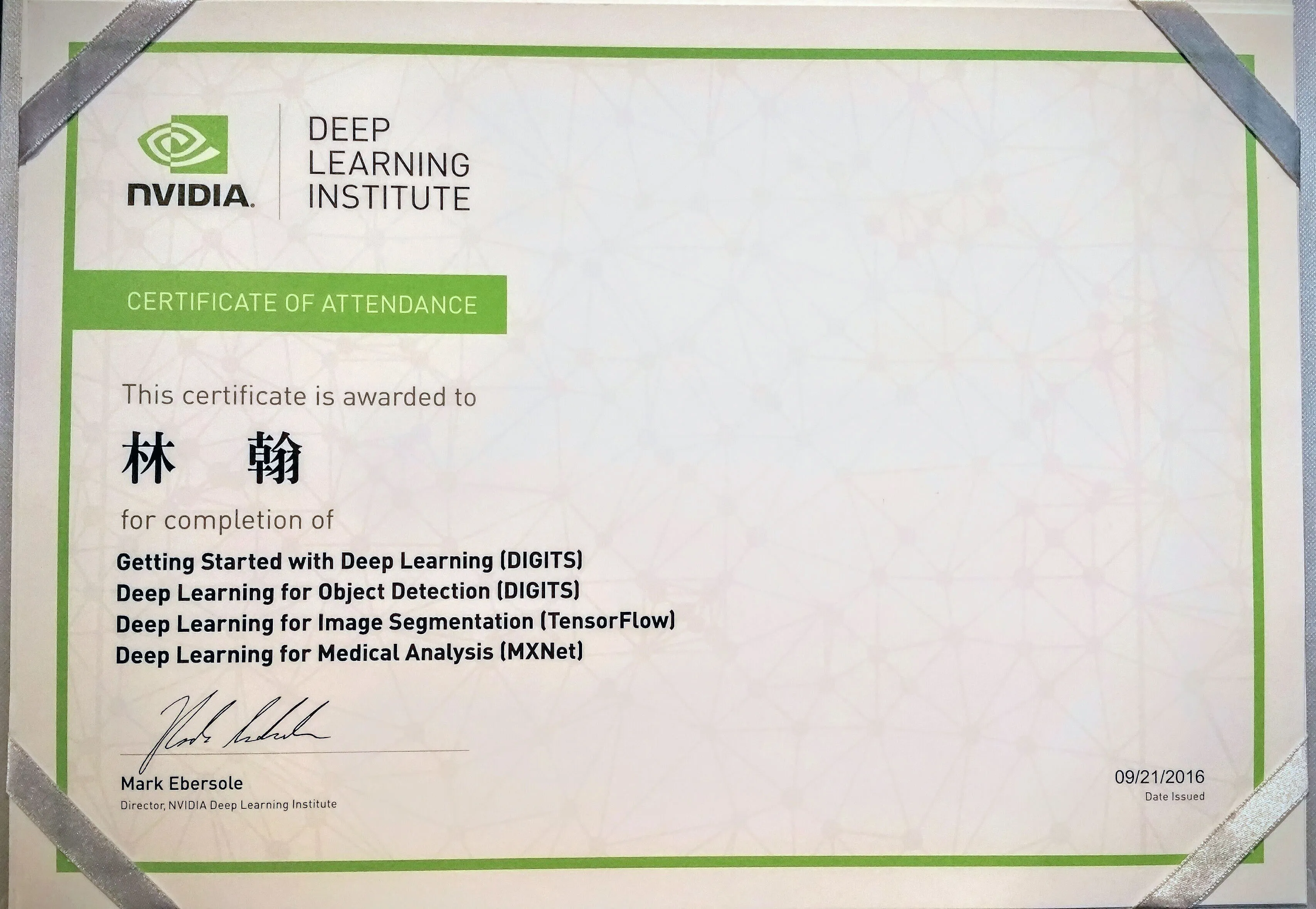 NVIDIA Deep Learning Institute Deep Learning for Medical Analysis 2016 Certificate