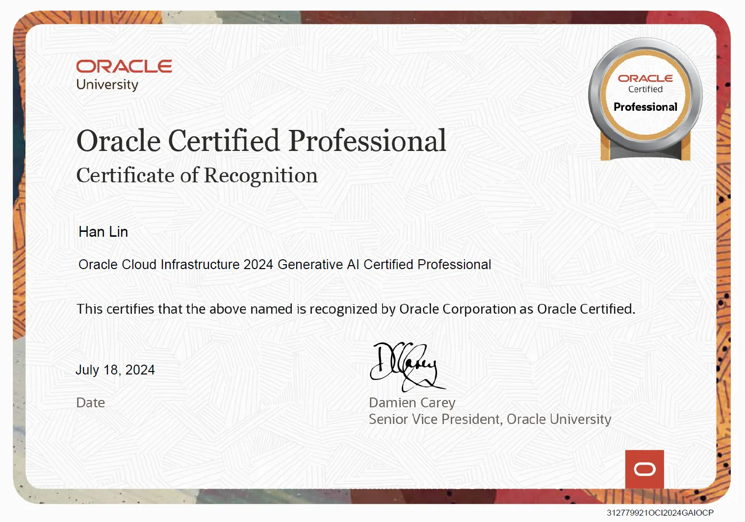 Oracle Cloud Infrastructure 2024 Generative AI Certified Professional Certificate