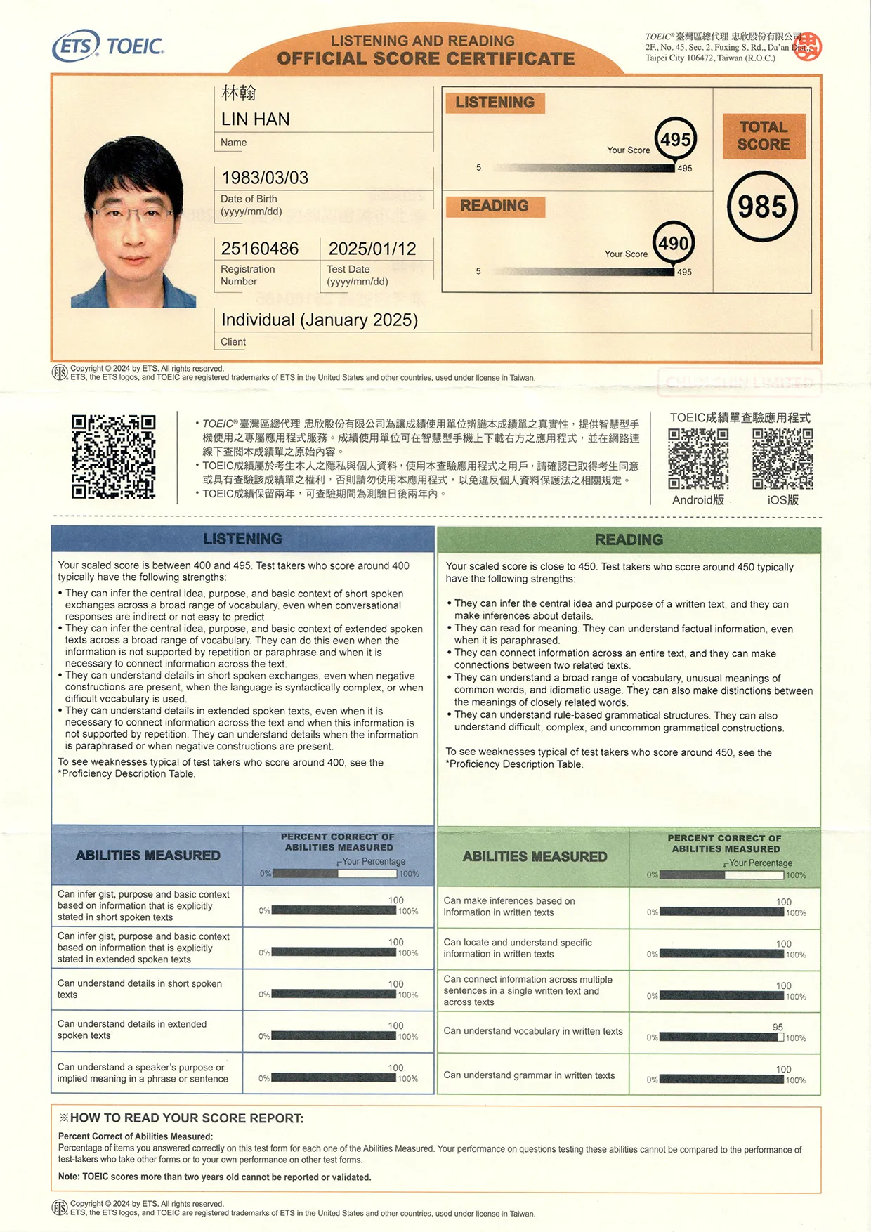 TOEIC 985/990 Score Certificate