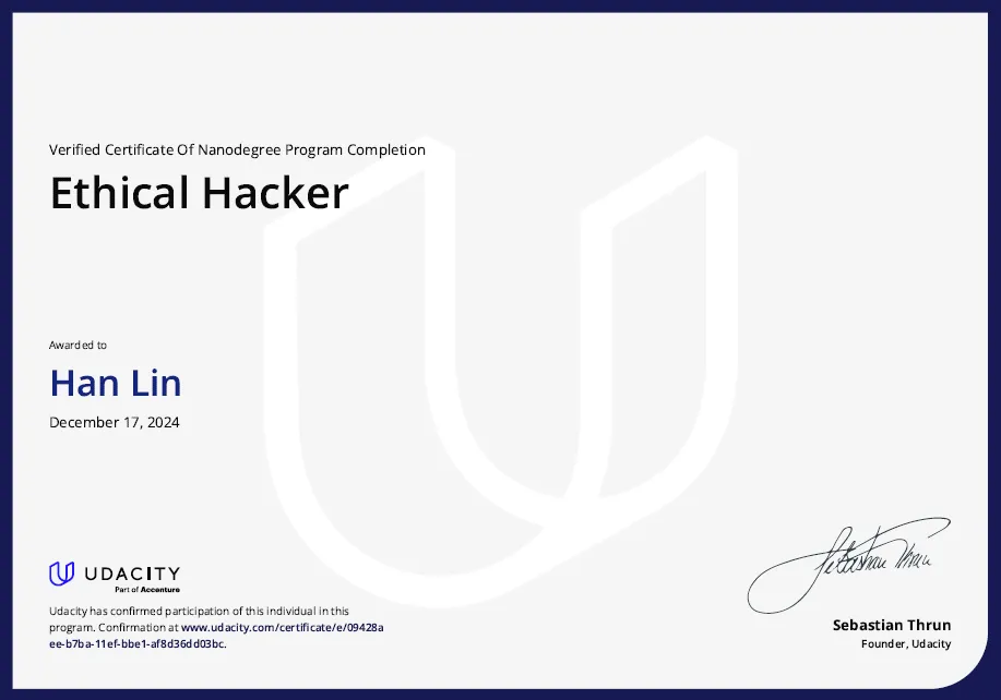 Udacity Ethical Hacker Nanodegree Certificate